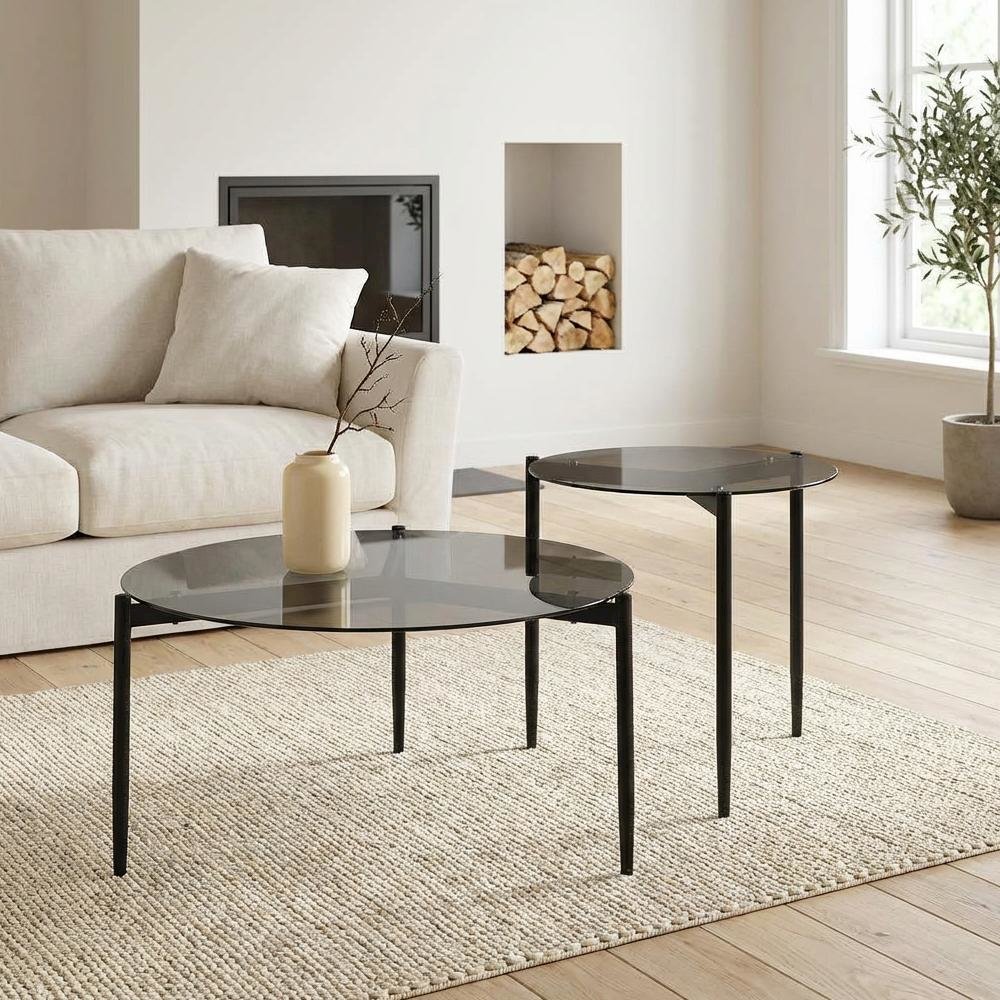 Gray 2-Piece Round Coffee and End Table Set, Plastic Glide, Contemporary Design