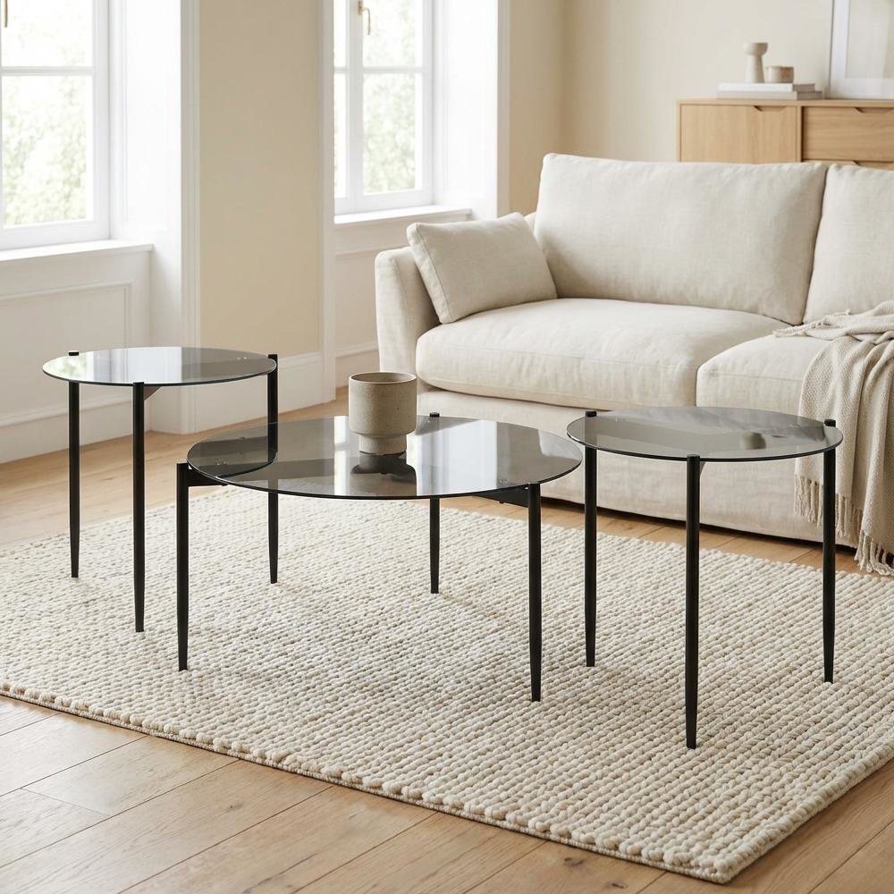 Gray Round 3-Piece Coffee, End Table Set with Plastic Glide, Contemporary Style