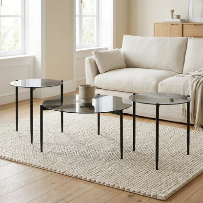 Gray Round 3-Piece Coffee, End Table Set with Plastic Glide, Contemporary Style