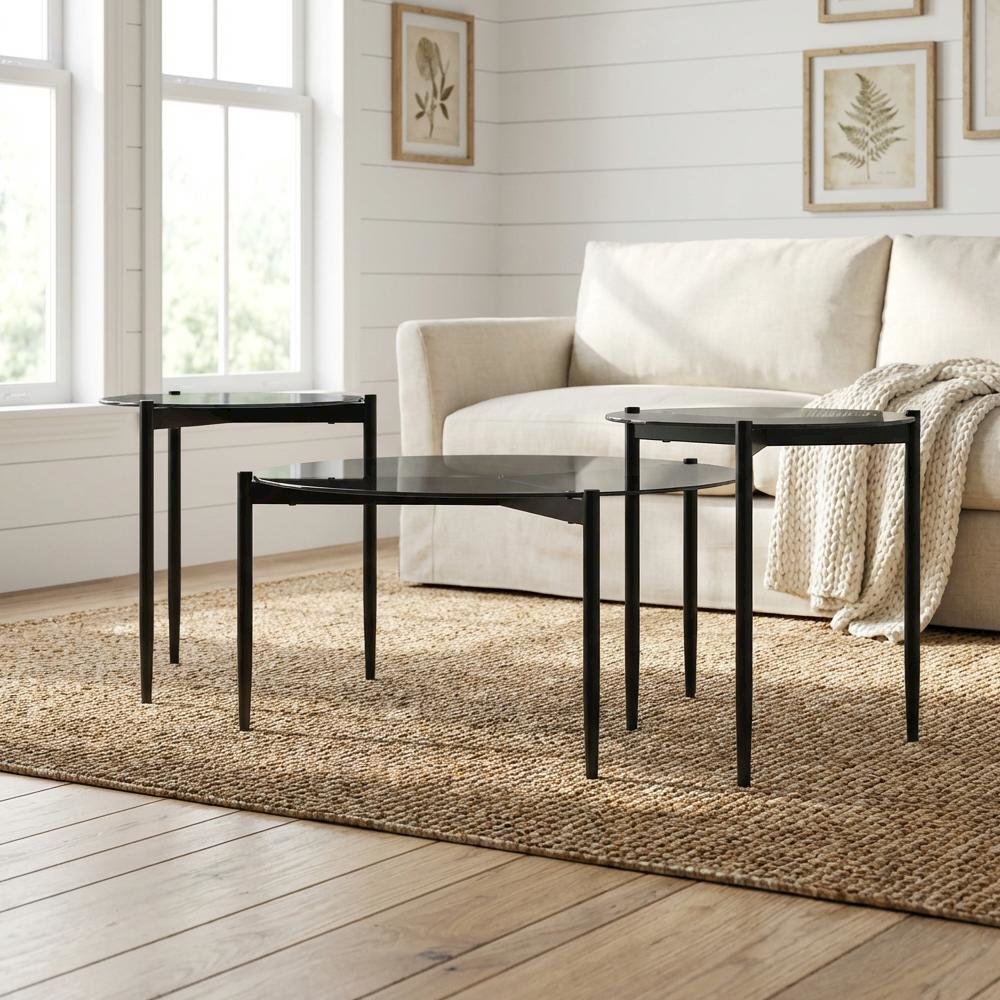 Gray Round 3-Piece Coffee, End Table Set with Plastic Glide, Contemporary Style