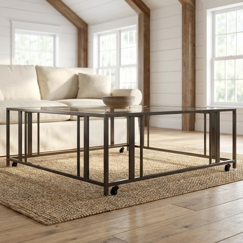 Square Black Glass Top Coffee Table with Casters and Contemporary Style