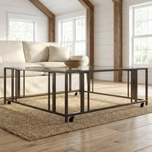Square Black Glass Top Coffee Table with Casters and Contemporary Style
