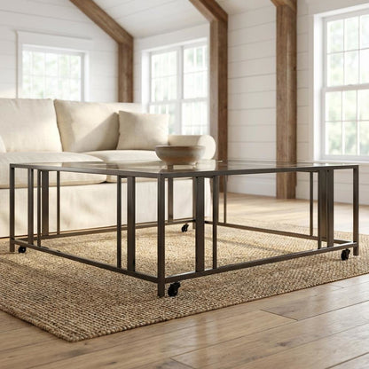 Square Black Glass Top Coffee Table with Casters and Contemporary Style