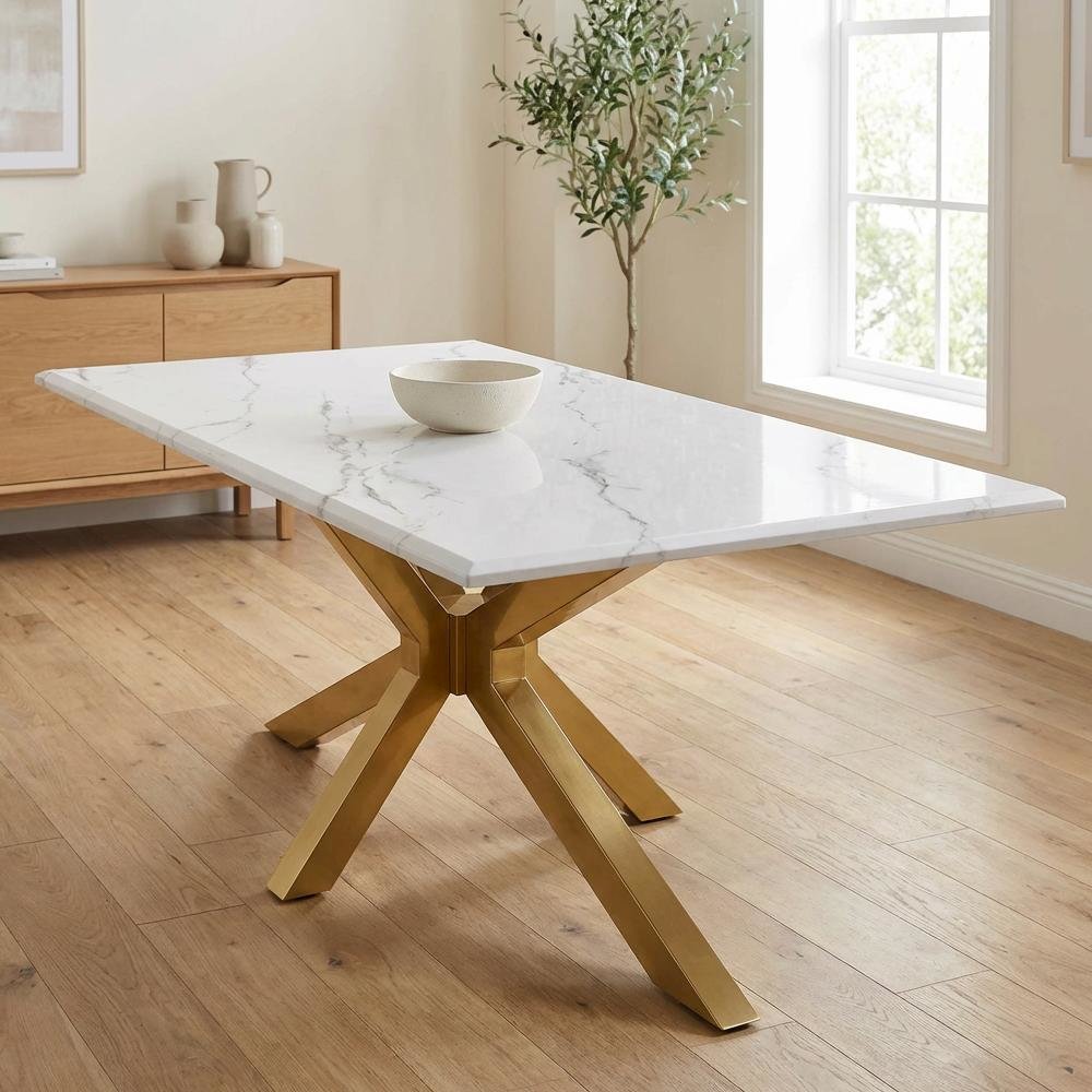 White Faux Marble Top Coffee Table Gold Stainless Steel Frame Modern Design