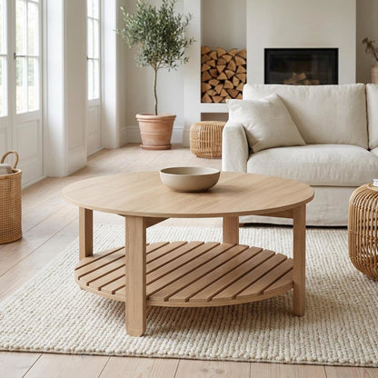 Round Brown Engineered Wood Coffee Table with Shelf and Farmhouse Style