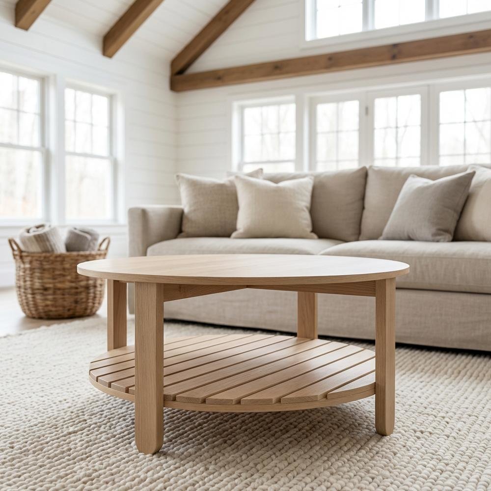 Round Brown Engineered Wood Coffee Table with Shelf and Farmhouse Style