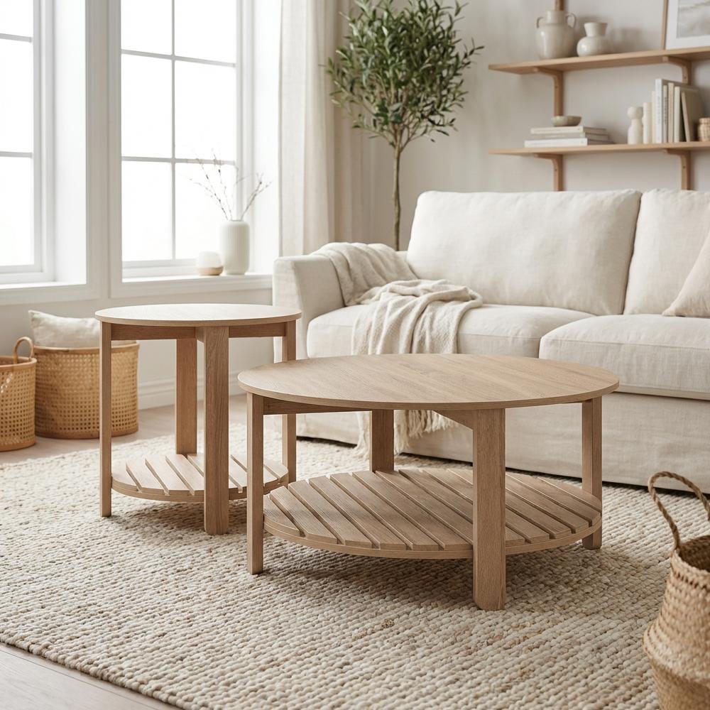 Light Wood Round 2-Piece Coffee and End Table Set with Farmhouse Style