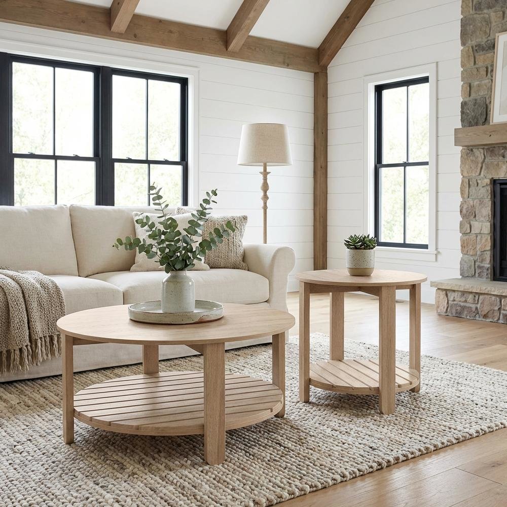 Light Wood Round 2-Piece Coffee and End Table Set with Farmhouse Style