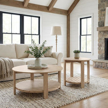 Light Wood Round 2-Piece Coffee and End Table Set with Farmhouse Style