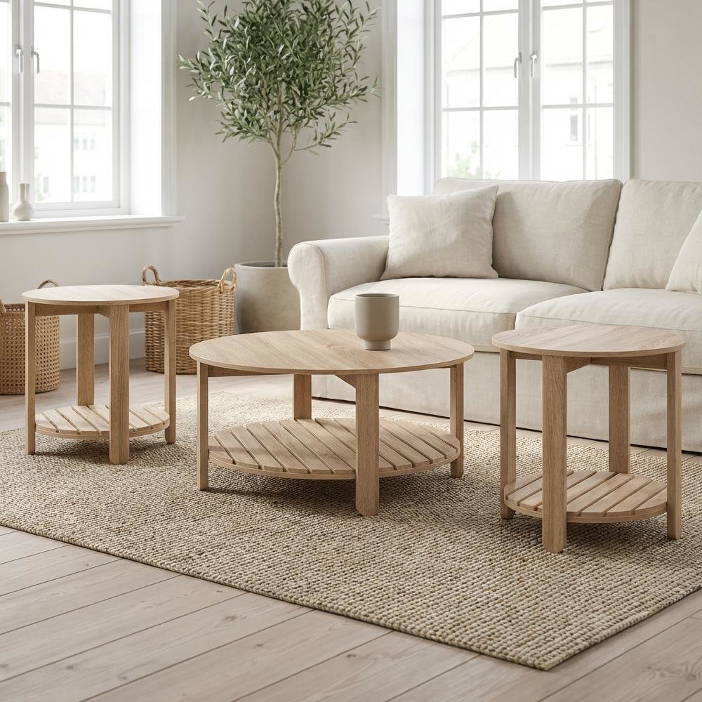 Light Wood Round 3-Piece Coffee and End Table Set with Farmhouse Style
