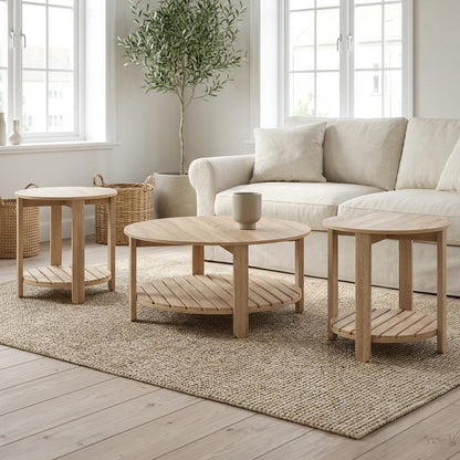 Light Wood Round 3-Piece Coffee and End Table Set with Farmhouse Style