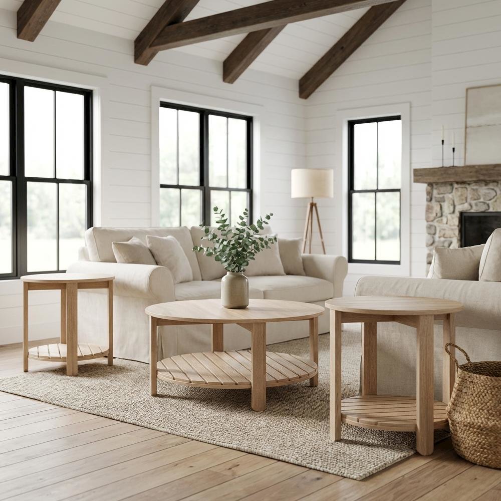 Light Wood Round 3-Piece Coffee and End Table Set with Farmhouse Style