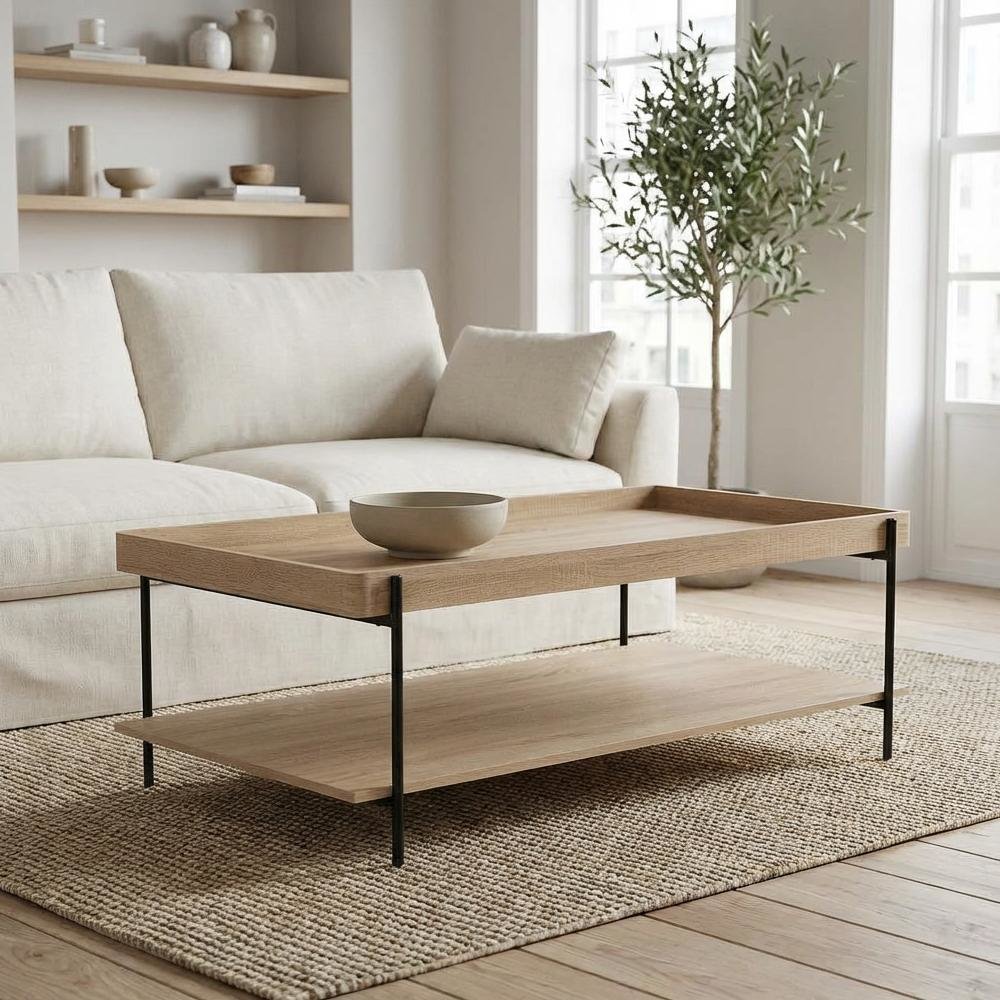 Light Brown Rectangular Engineered Wood Coffee Table Farmhouse Style