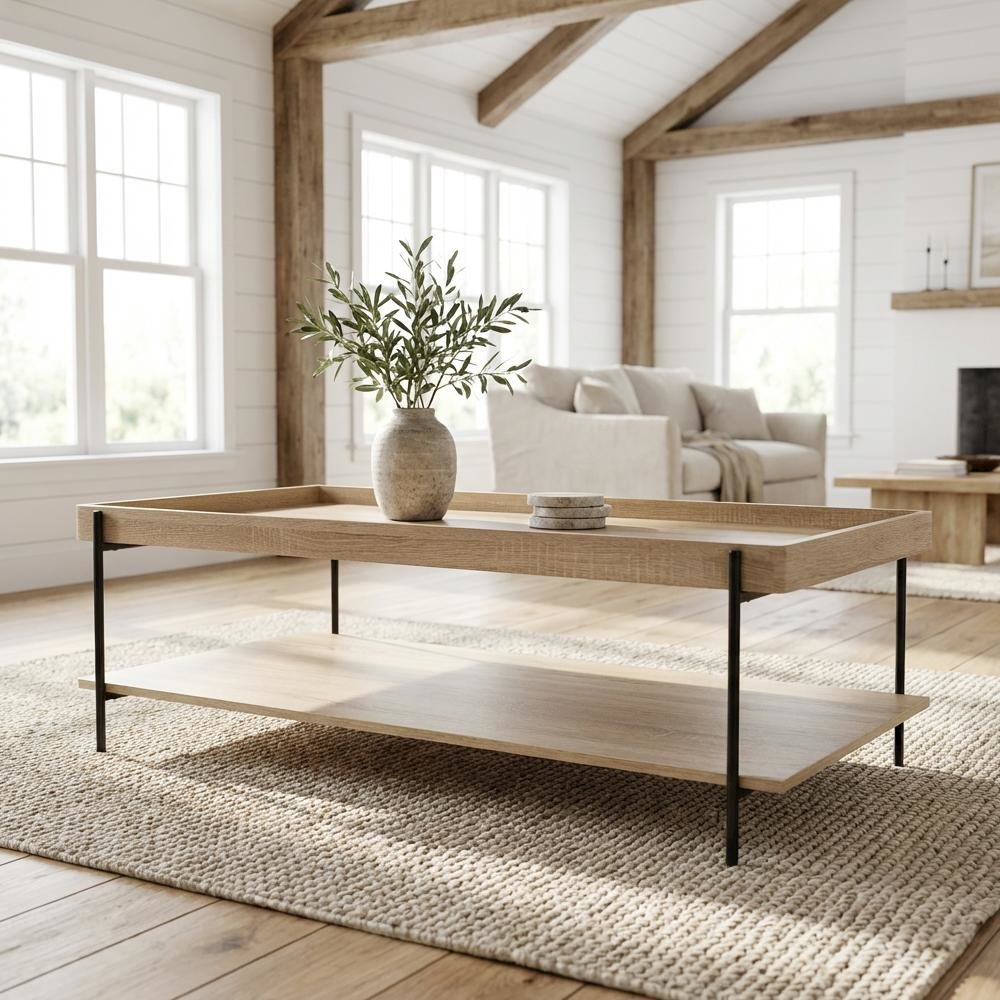 Light Brown Rectangular Engineered Wood Coffee Table Farmhouse Style