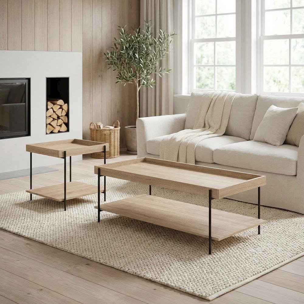 Neutral 2-Piece Rectangular Coffee and End Table Set with Farmhouse Style