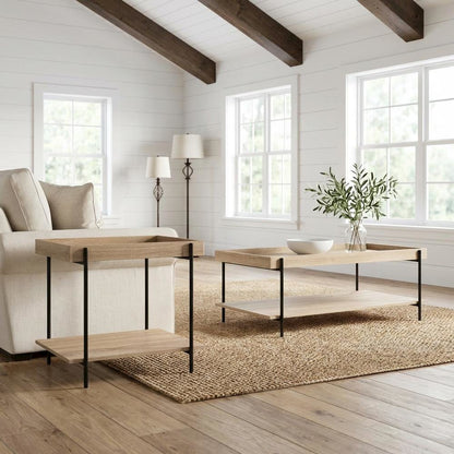 Neutral 2-Piece Rectangular Coffee and End Table Set with Farmhouse Style