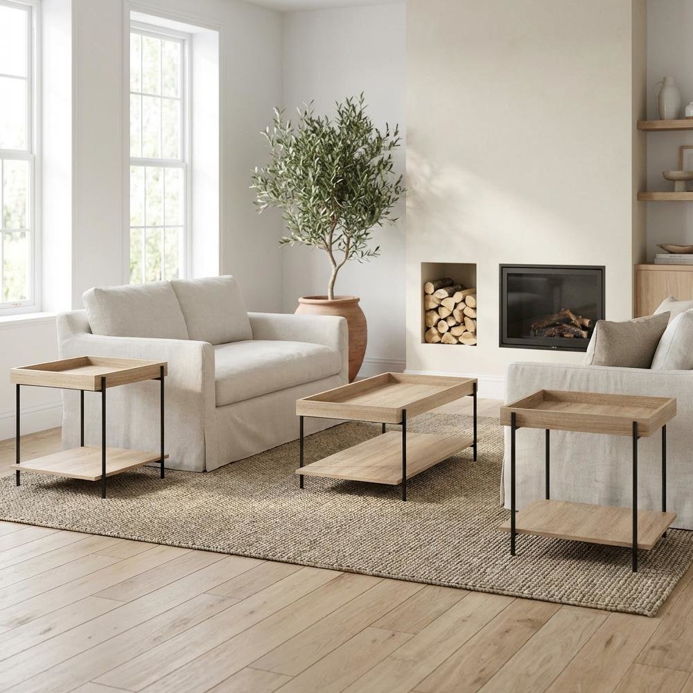 Warm Wood Rectangular 3-Piece Coffee and End Table Set with Farmhouse Style
