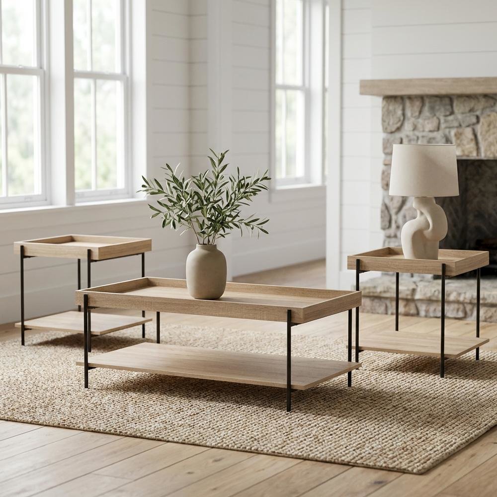 Warm Wood Rectangular 3-Piece Coffee and End Table Set with Farmhouse Style