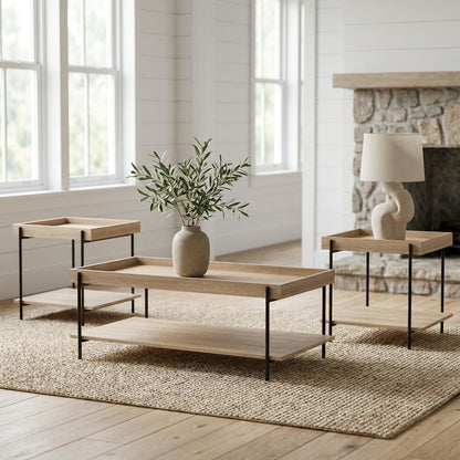 Warm Wood Rectangular 3-Piece Coffee and End Table Set with Farmhouse Style
