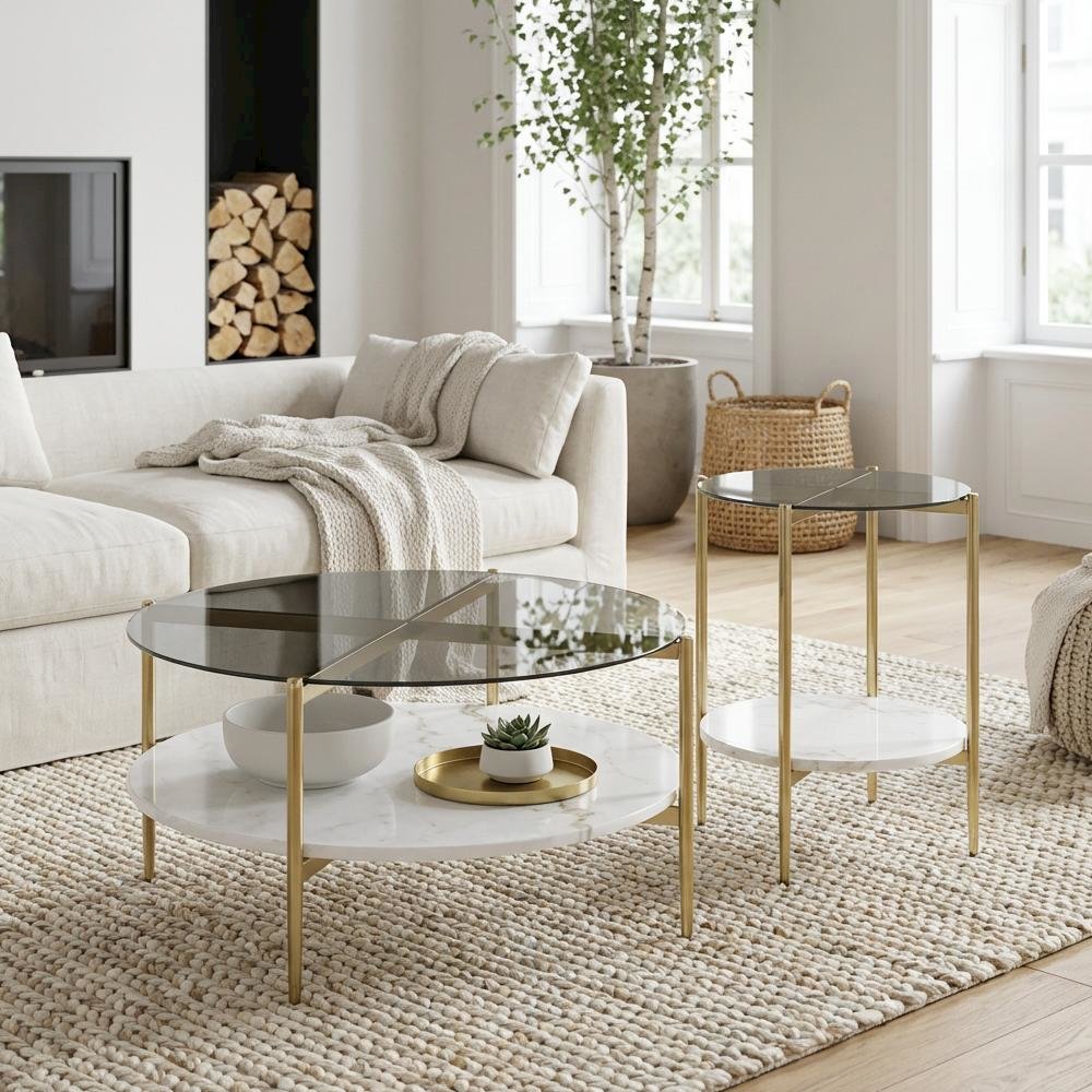 Gold 2-Piece Round Coffee and End Table Set with Contemporary Style