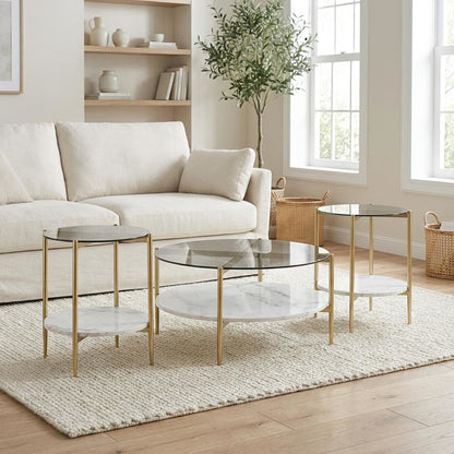 3-Piece Gold Round Coffee and End Table Set, Plastic Glide, Contemporary Design