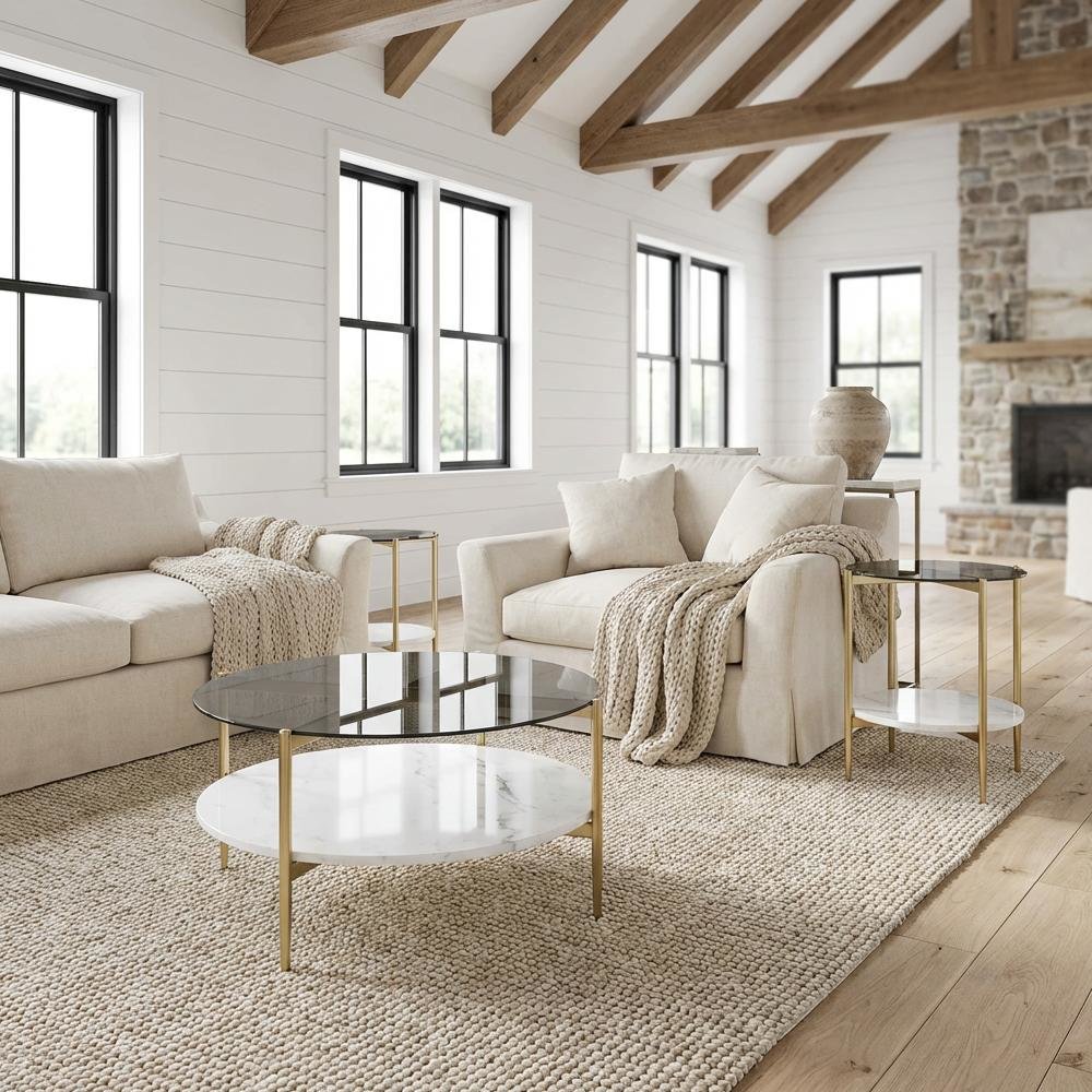 3-Piece Gold Round Coffee and End Table Set, Plastic Glide, Contemporary Design