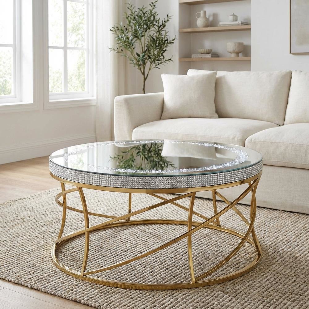 Round Gold Coffee Table with Stainless Steel Frame and Mirror Top