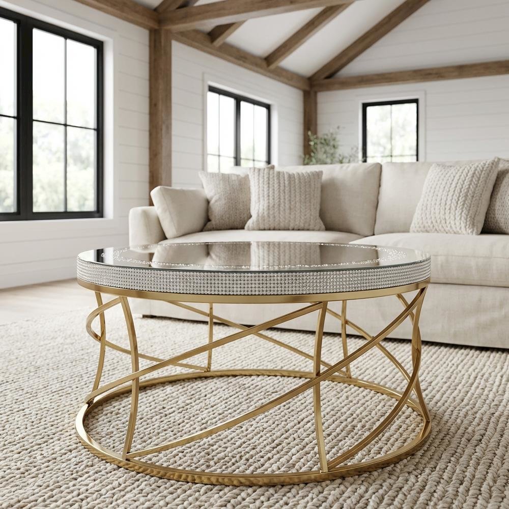 Round Gold Coffee Table with Stainless Steel Frame and Mirror Top