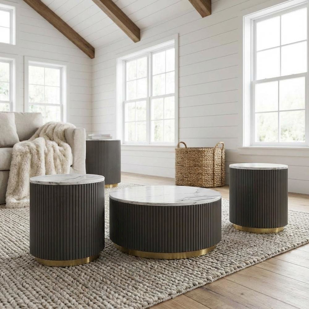 White 3-Piece Round Marble Coffee and End Table Set with Contemporary Style