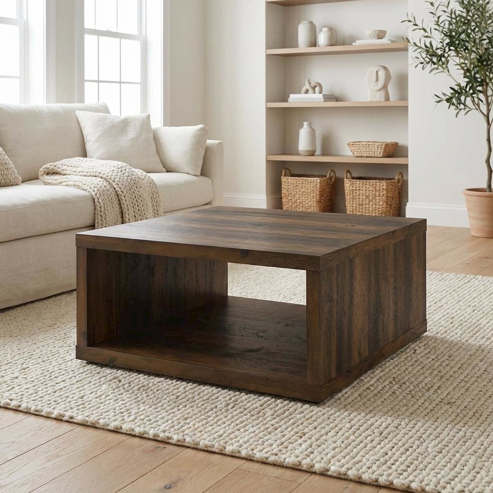 Dark Pine Square Engineered Wood Coffee Table, Farmhouse Design, Sturdy Build