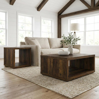 Dark Pine 2-Piece Coffee and End Table Set with Square Shape and Plastic Glide