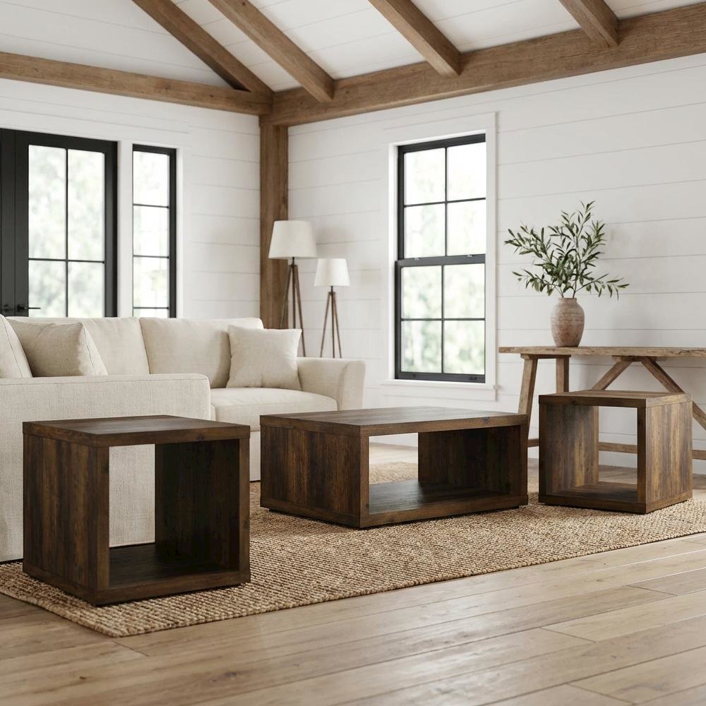 Dark Pine 3-Piece Coffee and End Table Set with Plastic Glide, Farmhouse Style