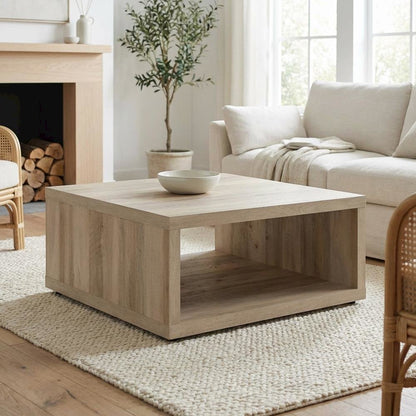 Distressed Pine Square Coffee Table with Engineered Wood and Farmhouse Style