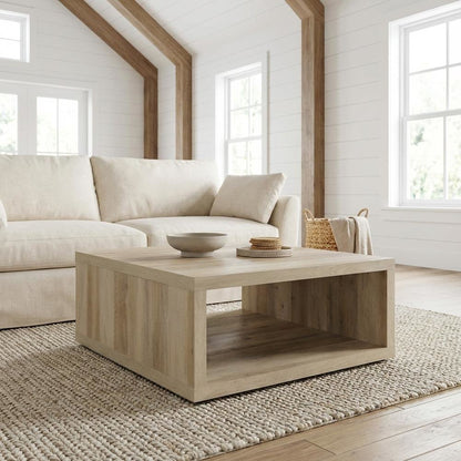 Distressed Pine Square Coffee Table with Engineered Wood and Farmhouse Style