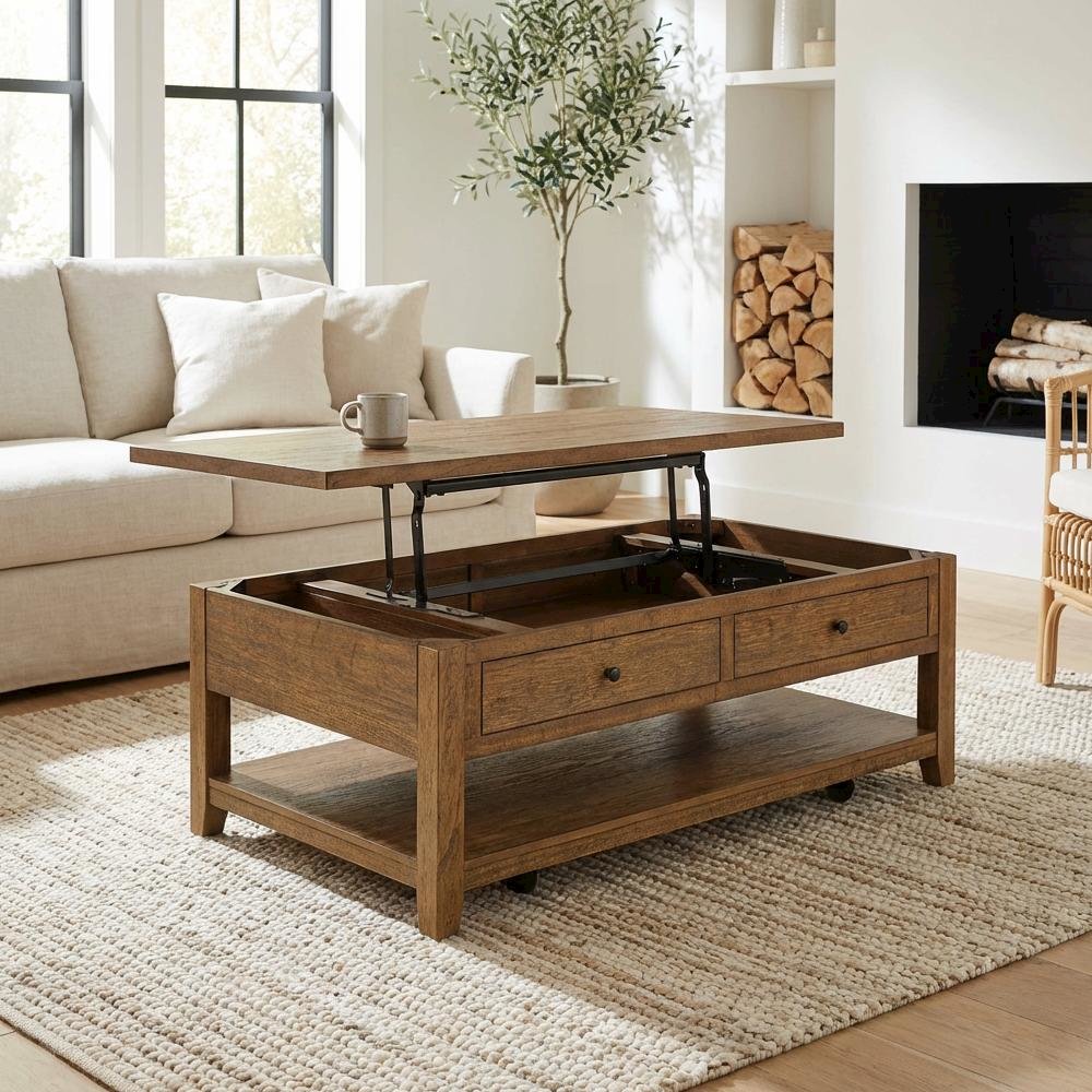 Distressed Brown Lift-Top Coffee Table with Mobility and Rectangular Shape