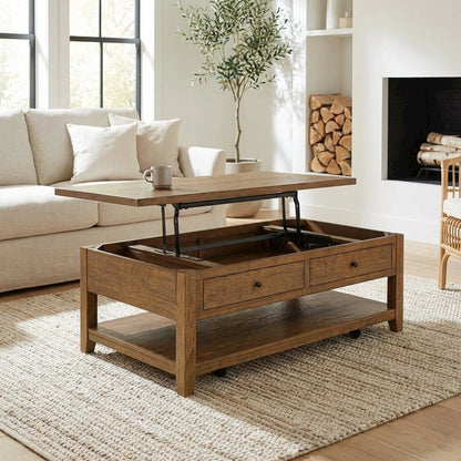 Distressed Brown Lift-Top Coffee Table with Mobility and Rectangular Shape