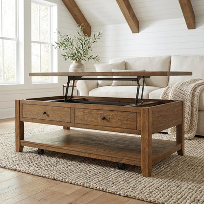 Distressed Brown Lift-Top Coffee Table with Mobility and Rectangular Shape
