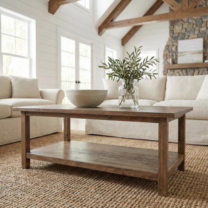 Distressed Brown Wood Coffee Table with Shelf Rectangular Farmhouse Style