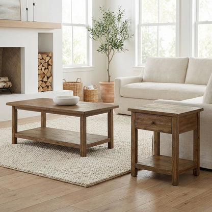 Brown 2-Piece Living Room Table Set with Farmhouse Style and Rectangular Shape