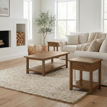 Brown 3-Piece Living Room Table Set with Coffee Table and End Table Drawers