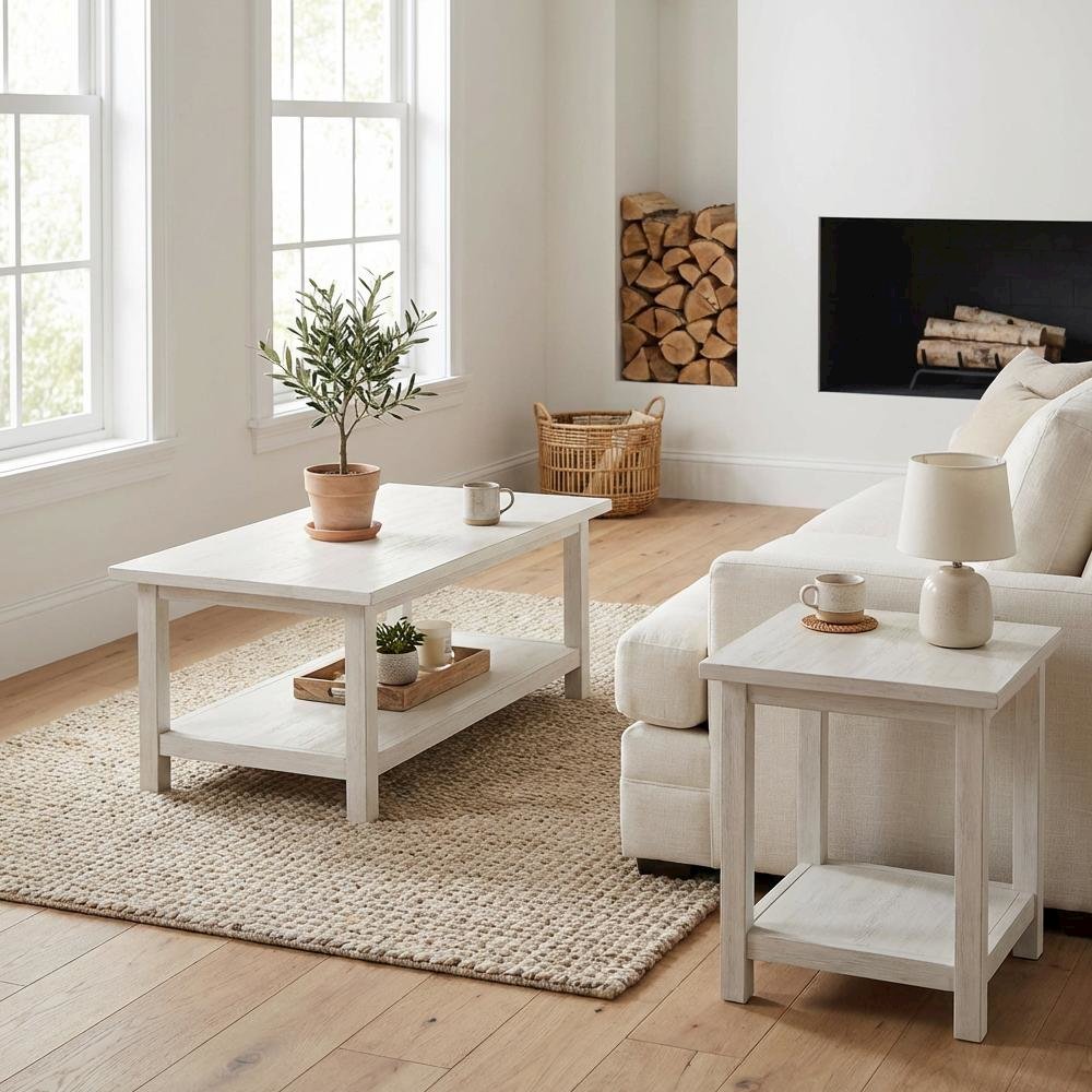 Distressed White 2-Piece Coffee and End Table Set with Farmhouse Style
