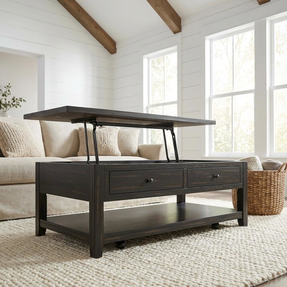 Distressed Java Mobile Lift Top Coffee Table Rectangular Coastal Style