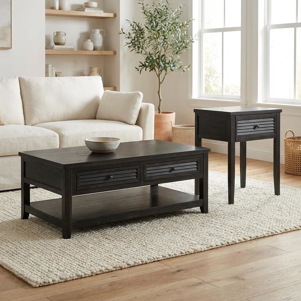Distressed Java 2-Piece Coffee and End Table Set with Farmhouse Style