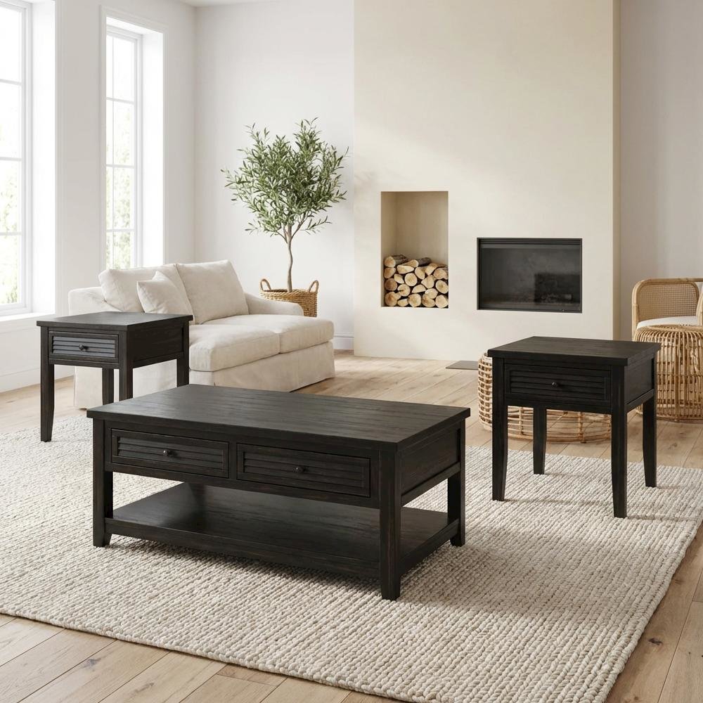 Distressed Java 3-Piece Coffee and End Table Set Farmhouse Style Sturdy Design