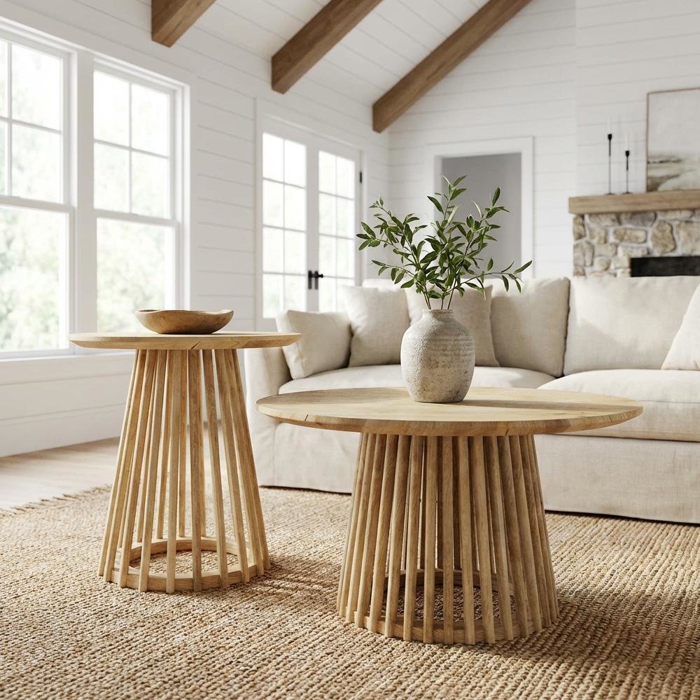 Round Mango Wood 2-Piece Coffee and End Table Set with Durable Wood Construction