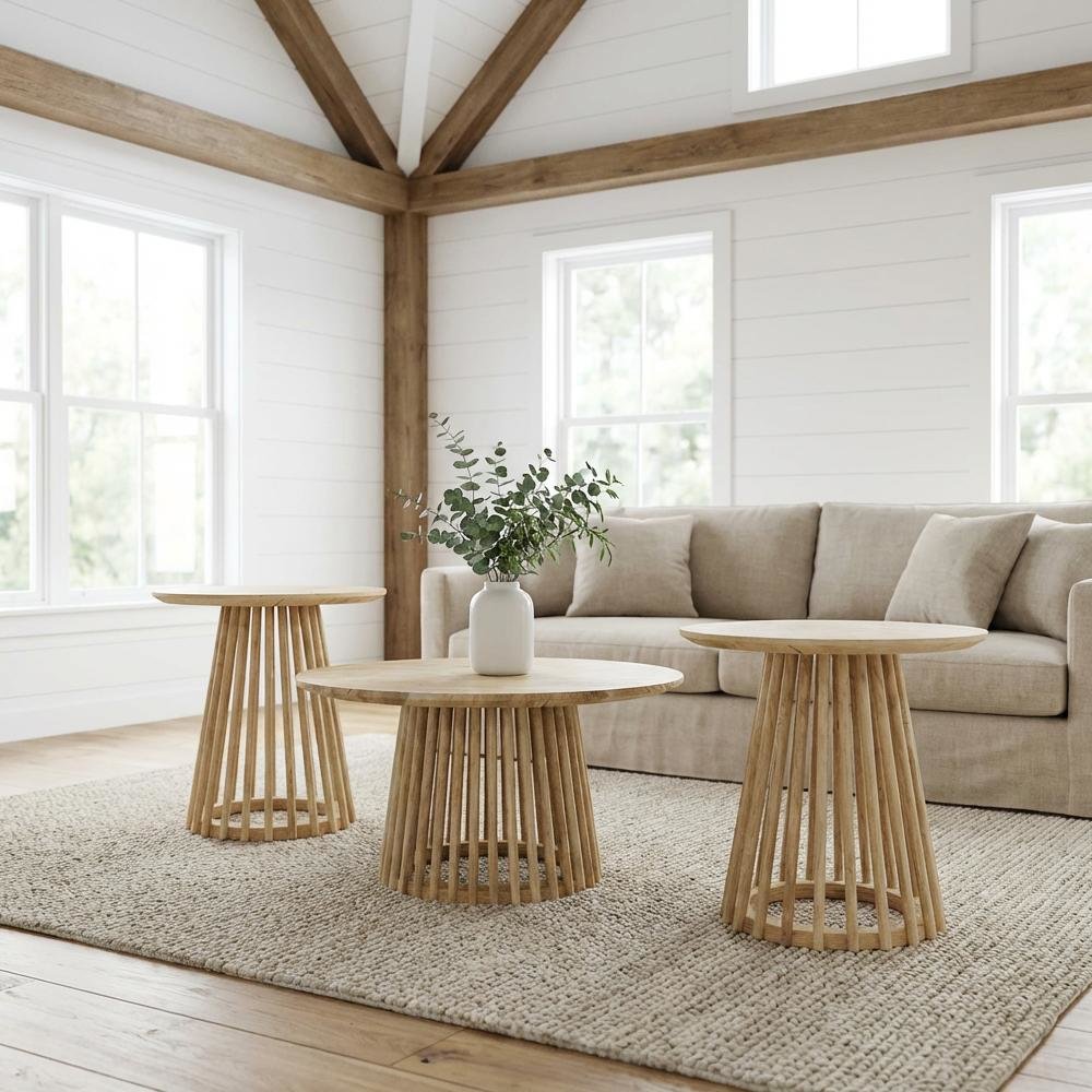 Mango-Finish Round 3-Piece Coffee and End Table Set with Durable Wood
