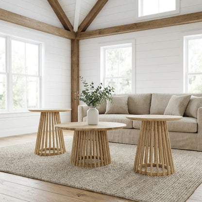 Mango-Finish Round 3-Piece Coffee and End Table Set with Durable Wood
