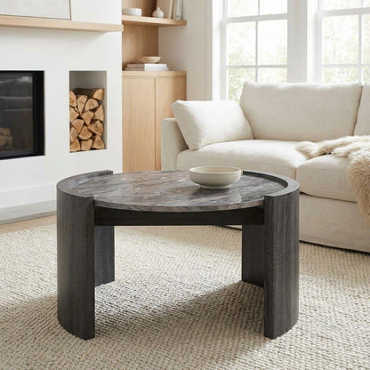 Round Coffee Table Distressed Grey Faux Marble Top Contemporary Style