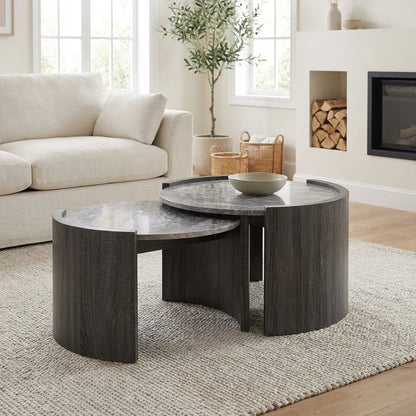 Distressed Grey 2-Piece Round Coffee and End Table Set with Contemporary Style