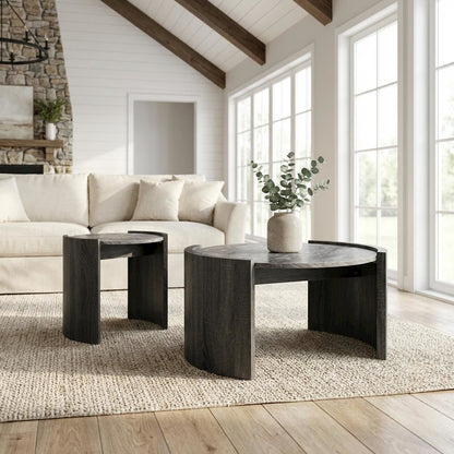 Distressed Grey 2-Piece Round Coffee and End Table Set with Contemporary Style
